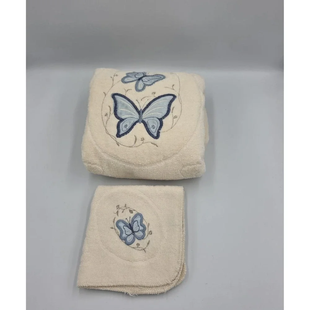 VTG R.A. Briggs Bath Towel‎ & Washcloth 2-Piece Blue Ivory Butterfly Embroidered